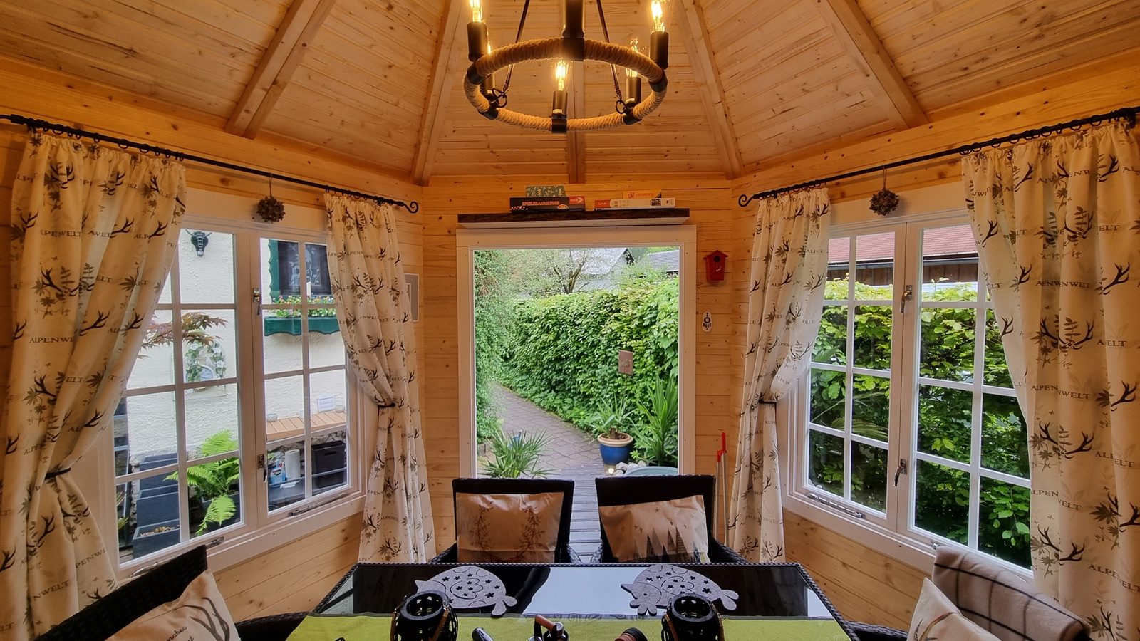 Inside the garden pavilion, looking out to the garden